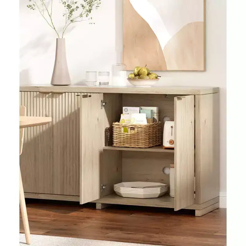 Buffet moderne cannelé avec rangement, 4 portes à fermeture douce, étagères réglables, plateau épais, gestion des câbles, buffet de 40 cm de profondeur pour la cuisine