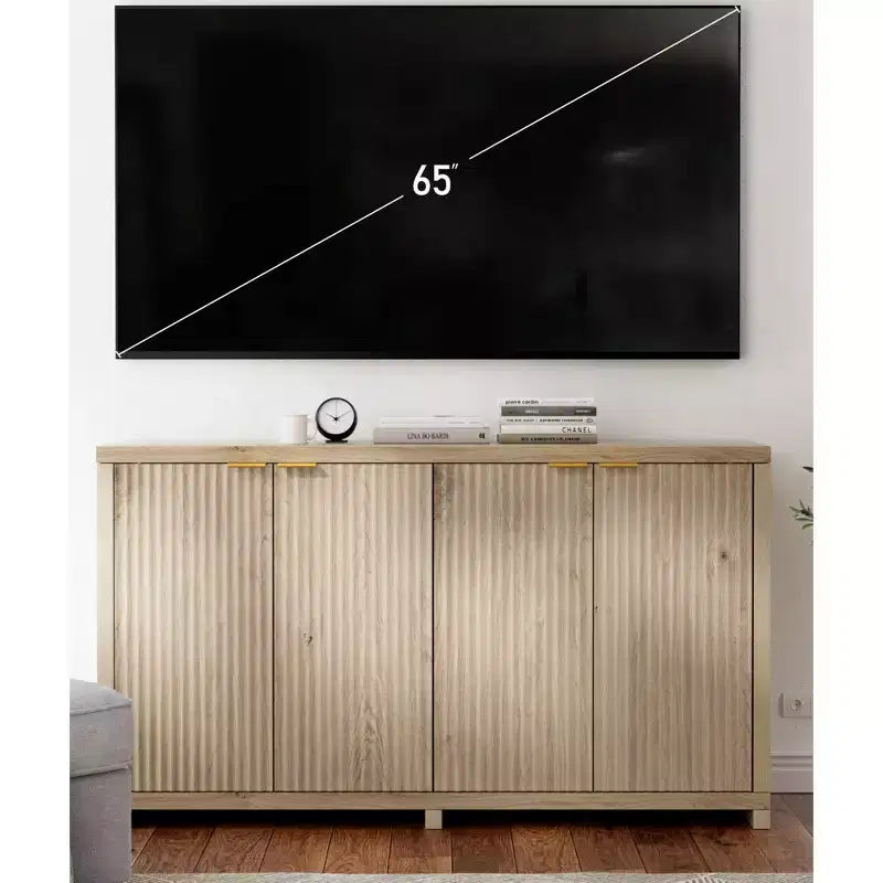 Buffet moderne cannelé avec rangement, 4 portes à fermeture douce, étagères réglables, plateau épais, gestion des câbles, buffet de 40 cm de profondeur pour la cuisine
