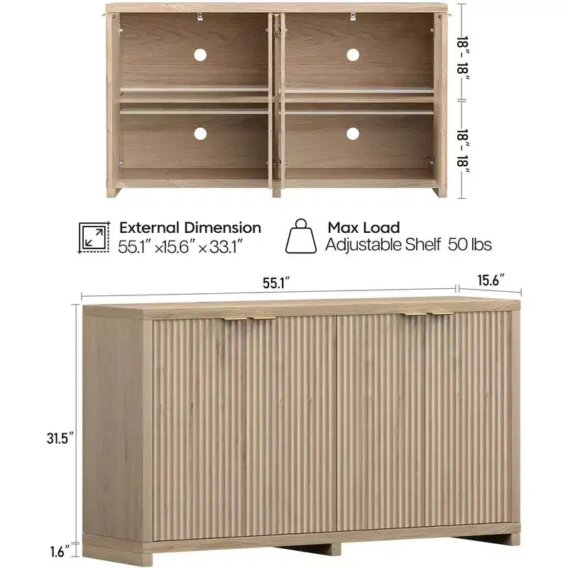 Buffet moderne cannelé avec rangement, 4 portes à fermeture douce, étagères réglables, plateau épais, gestion des câbles, buffet de 40 cm de profondeur pour la cuisine