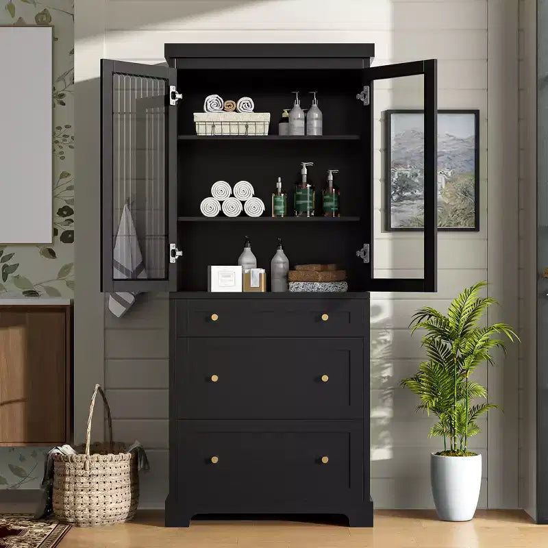 Meuble de rangement de salle de bain avec portes vitrées à fermeture douce, étagères réglables et 3 tiroirs