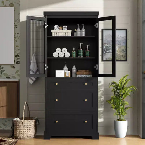 Meuble de rangement de salle de bain avec portes vitrées à fermeture douce, étagères réglables et 3 tiroirs
