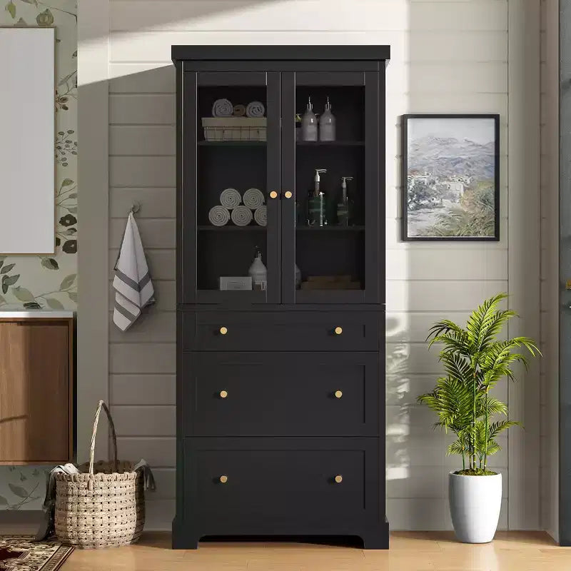 Meuble de rangement de salle de bain avec portes vitrées à fermeture douce, étagères réglables et 3 tiroirs