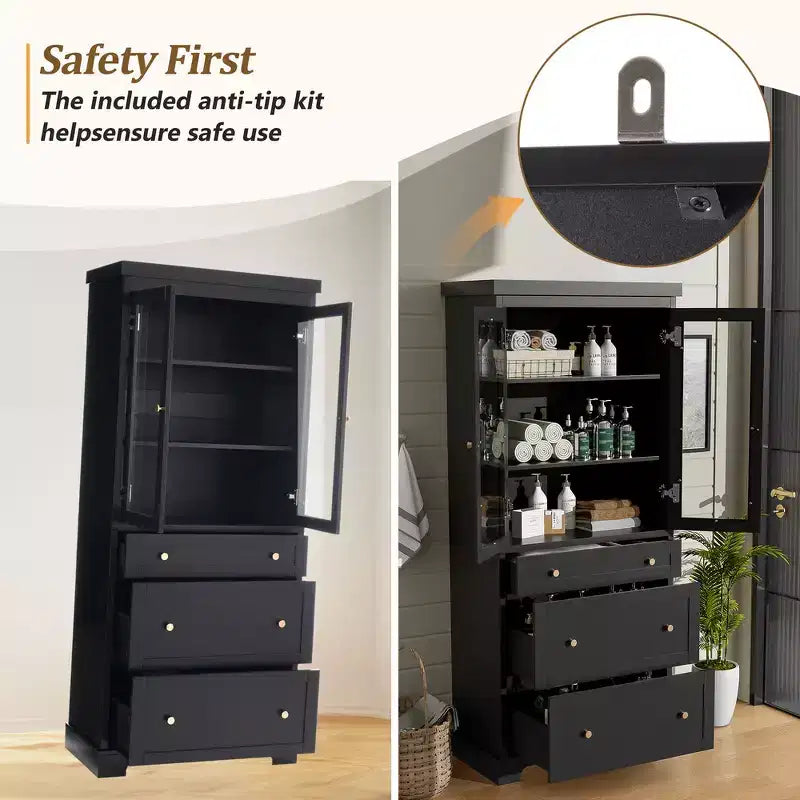 Meuble de rangement de salle de bain avec portes vitrées à fermeture douce, étagères réglables et 3 tiroirs