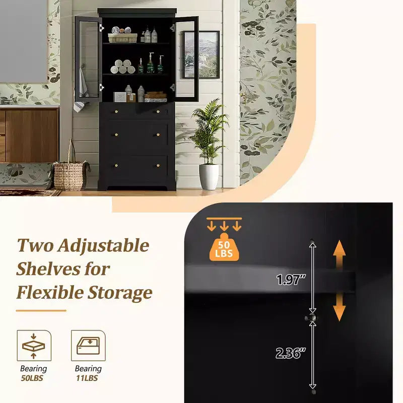 Meuble de rangement de salle de bain avec portes vitrées à fermeture douce, étagères réglables et 3 tiroirs