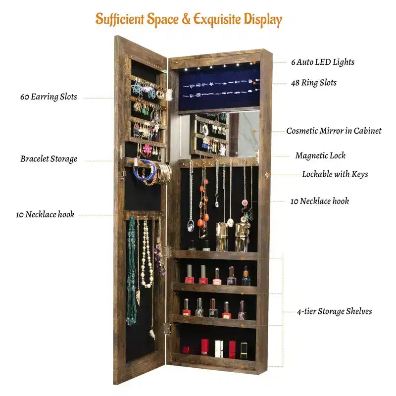 Miroir pleine longueur Moedern avec rangement pour bijoux, Miroir mural avec serrure de sécurité, Miroir de porte pour salon, dressing