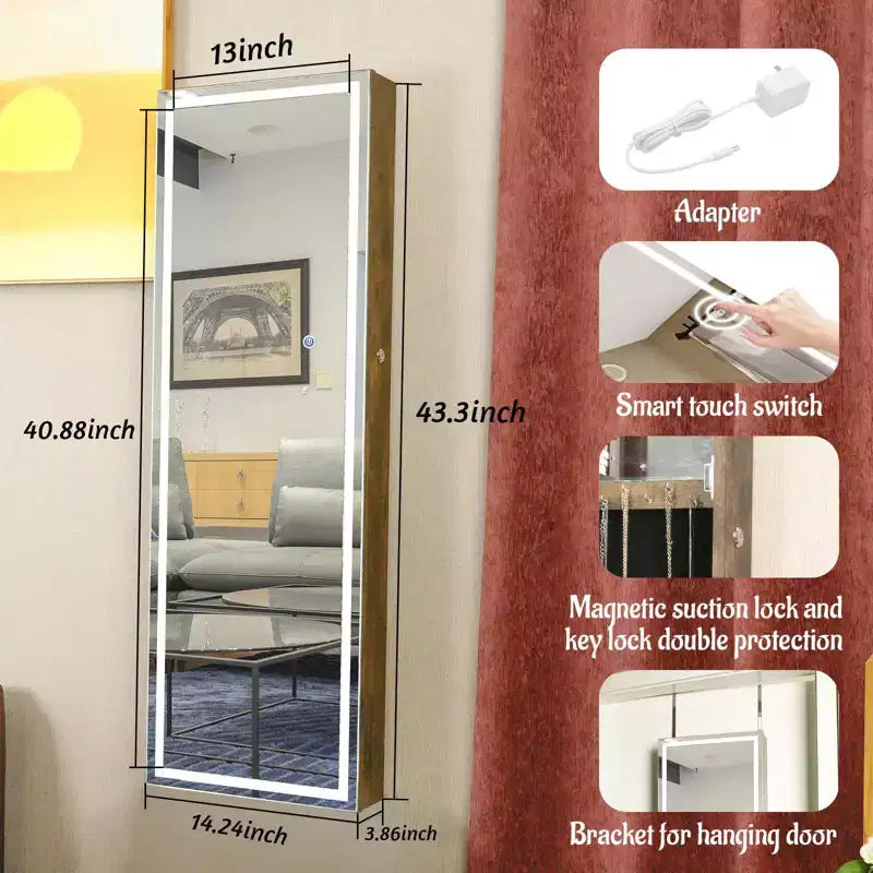Miroir pleine longueur Moedern avec rangement pour bijoux, Miroir mural avec serrure de sécurité, Miroir de porte pour salon, dressing