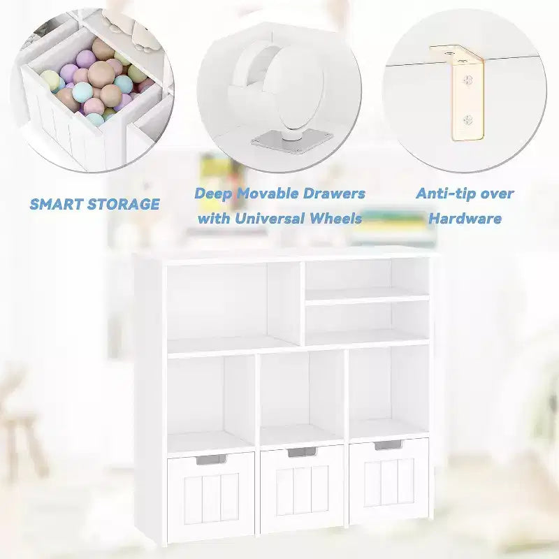 Meuble de rangement pour jouets avec 3 tiroirs mobiles et 6 casiers, étagère à jouets pour enfants avec roues cachées, bibliothèque pour enfants, organisateur de rangement de jouets