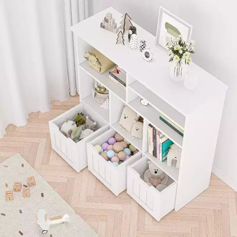 Meuble de rangement pour jouets avec 3 tiroirs mobiles et 6 casiers, étagère à jouets pour enfants avec roues cachées, bibliothèque pour enfants, organisateur de rangement de jouets