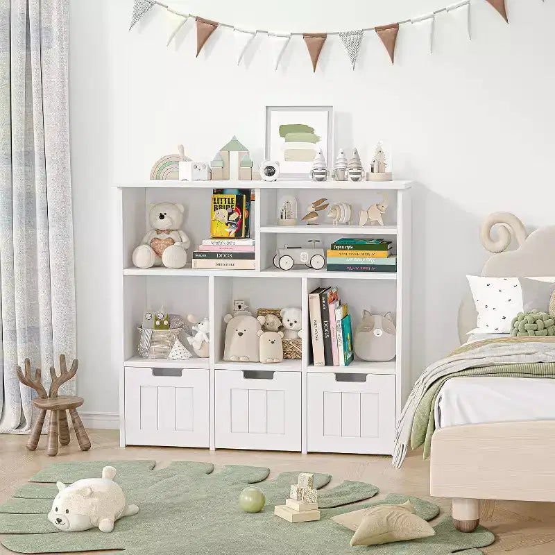 Meuble de rangement pour jouets avec 3 tiroirs mobiles et 6 casiers, étagère à jouets pour enfants avec roues cachées, bibliothèque pour enfants, organisateur de rangement de jouets