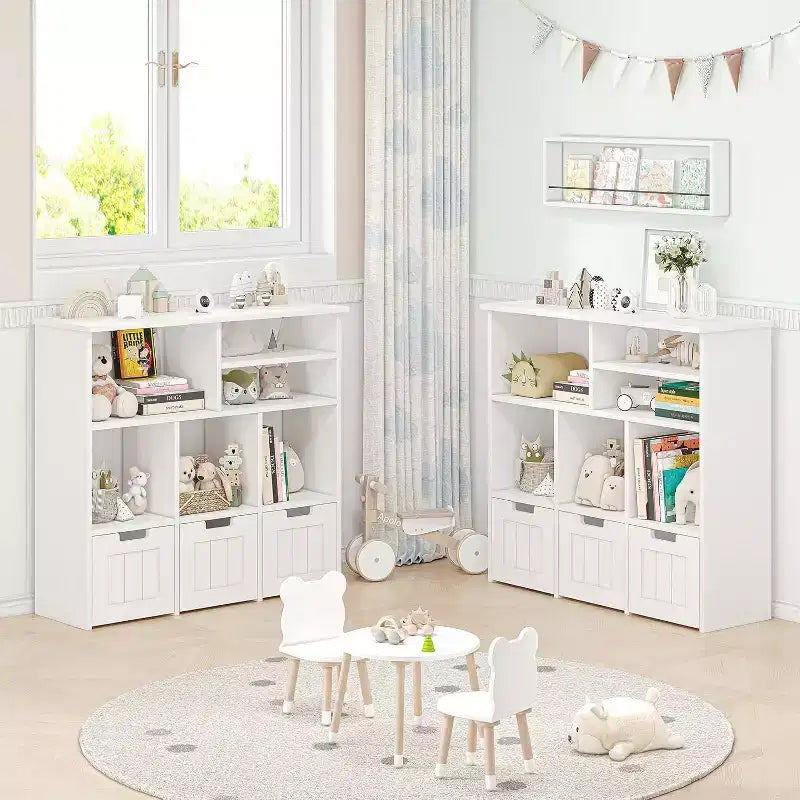 Meuble de rangement pour jouets avec 3 tiroirs mobiles et 6 casiers, étagère à jouets pour enfants avec roues cachées, bibliothèque pour enfants, organisateur de rangement de jouets