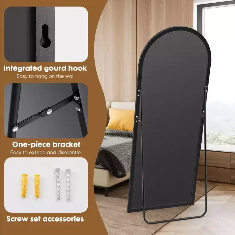 Miroir de plain-pied avec support en métal et trous de suspension