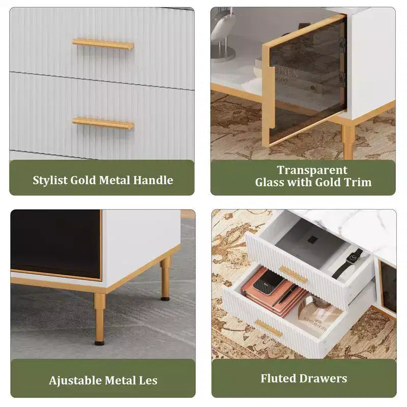 Grande table basse, plateau aspect marbre, 4 tiroirs et portes vitrées, panneaux cannelés, blanc et doré