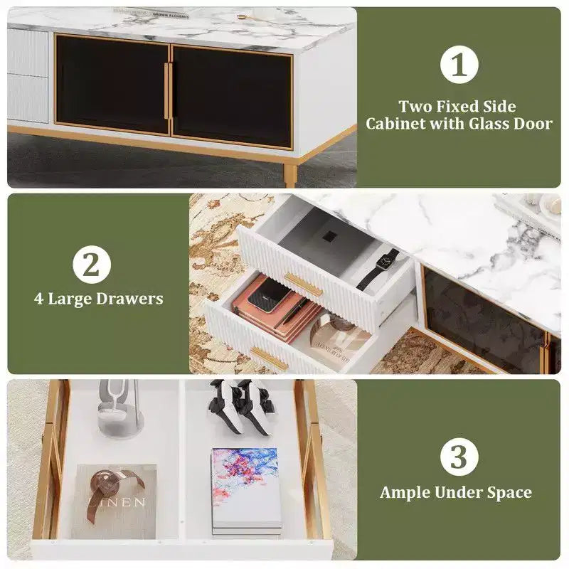 Grande table basse, plateau aspect marbre, 4 tiroirs et portes vitrées, panneaux cannelés, blanc et doré