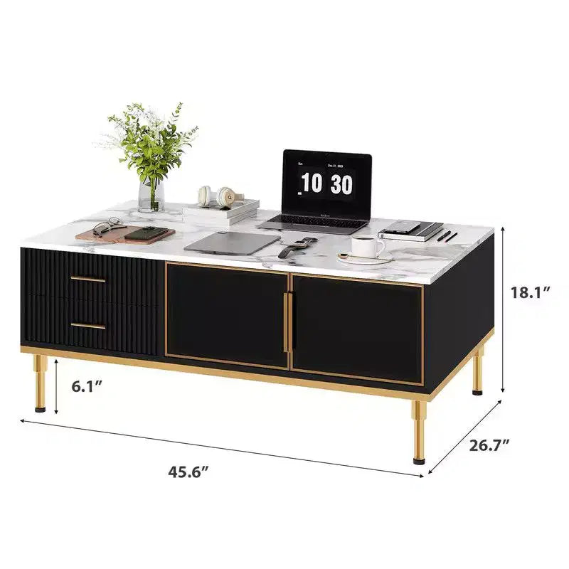 Grande table basse, plateau aspect marbre, 4 tiroirs et portes vitrées, panneaux cannelés, blanc et doré
