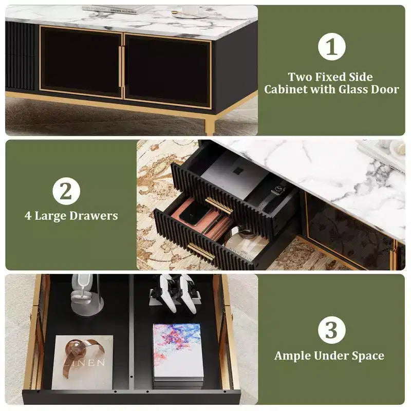 Grande table basse, plateau aspect marbre, 4 tiroirs et portes vitrées, panneaux cannelés, blanc et doré