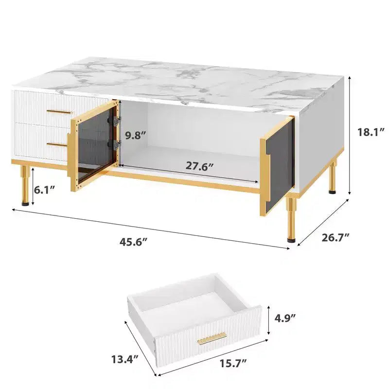 Grande table basse, plateau aspect marbre, 4 tiroirs et portes vitrées, panneaux cannelés, blanc et doré
