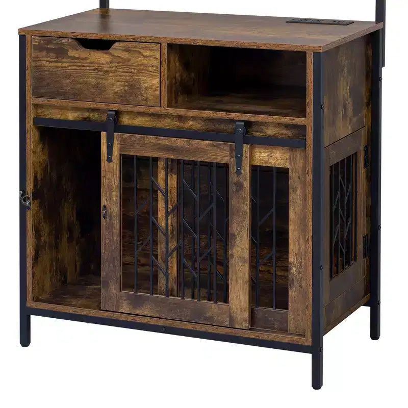 Meuble de rangement de cuisine 2 en 1 avec niche pour chien, marron rustique