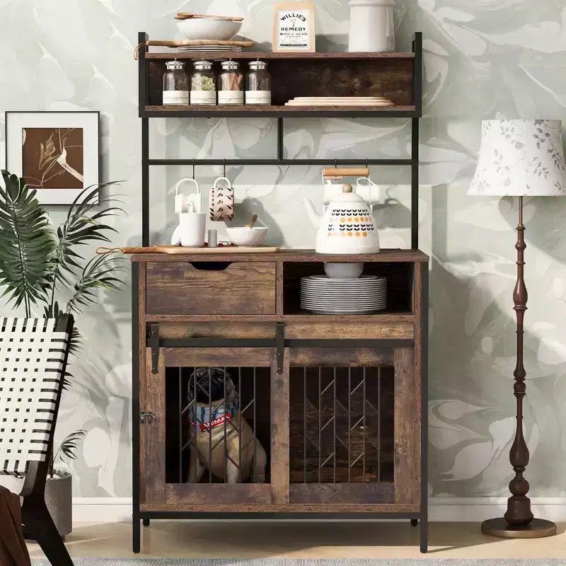 Meuble de rangement de cuisine 2 en 1 avec niche pour chien, marron rustique