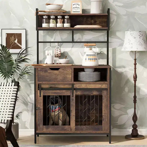 Meuble de rangement de cuisine 2 en 1 avec niche pour chien, marron rustique