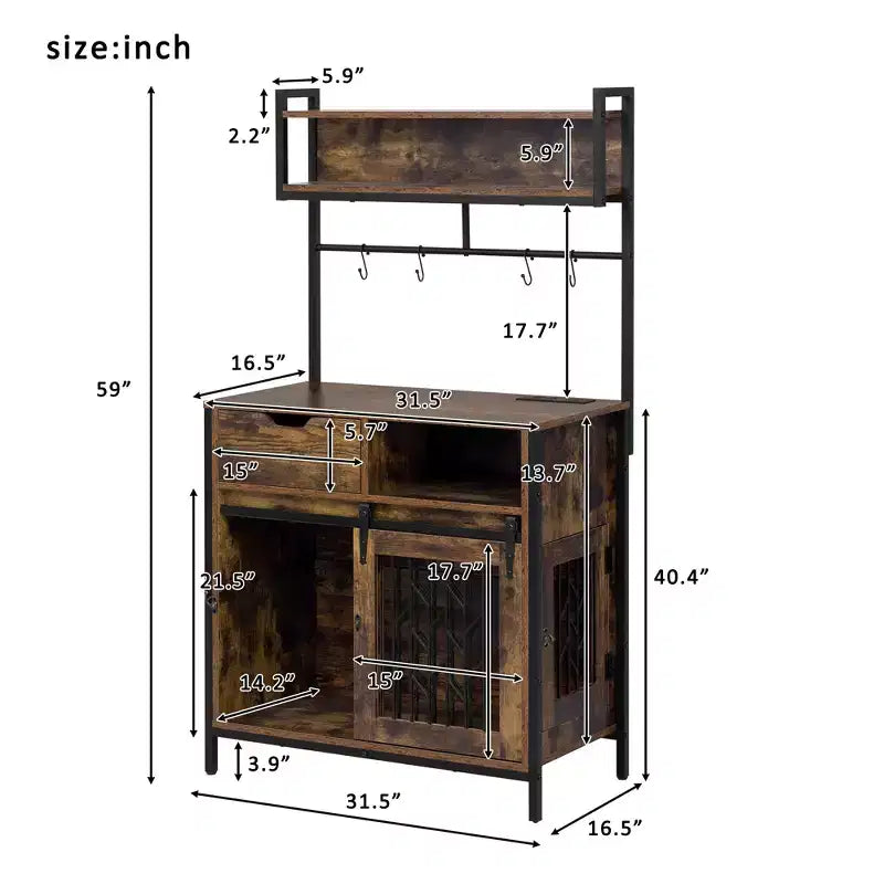 Meuble de rangement de cuisine 2 en 1 avec niche pour chien, marron rustique