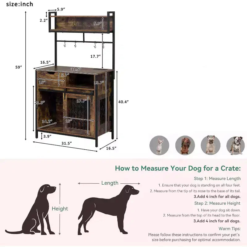 Meuble de rangement de cuisine 2 en 1 avec niche pour chien, marron rustique