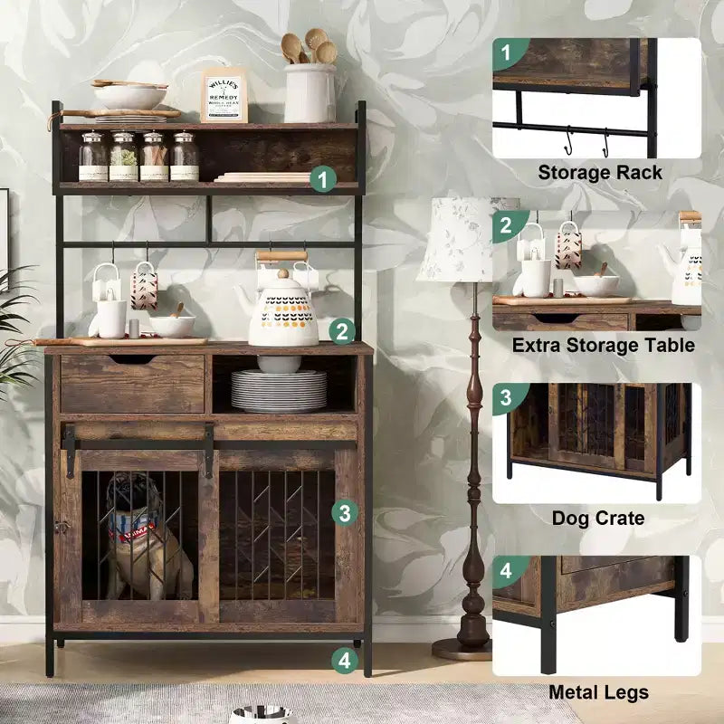Meuble de rangement de cuisine 2 en 1 avec niche pour chien, marron rustique