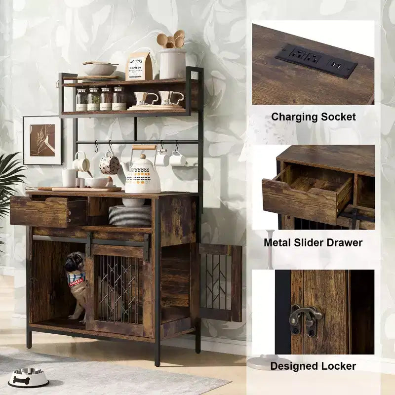 Meuble de rangement de cuisine 2 en 1 avec niche pour chien, marron rustique
