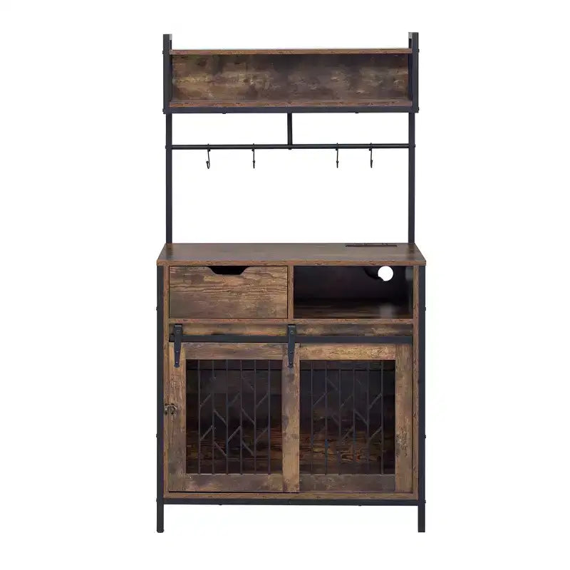 Meuble de rangement de cuisine 2 en 1 avec niche pour chien, marron rustique