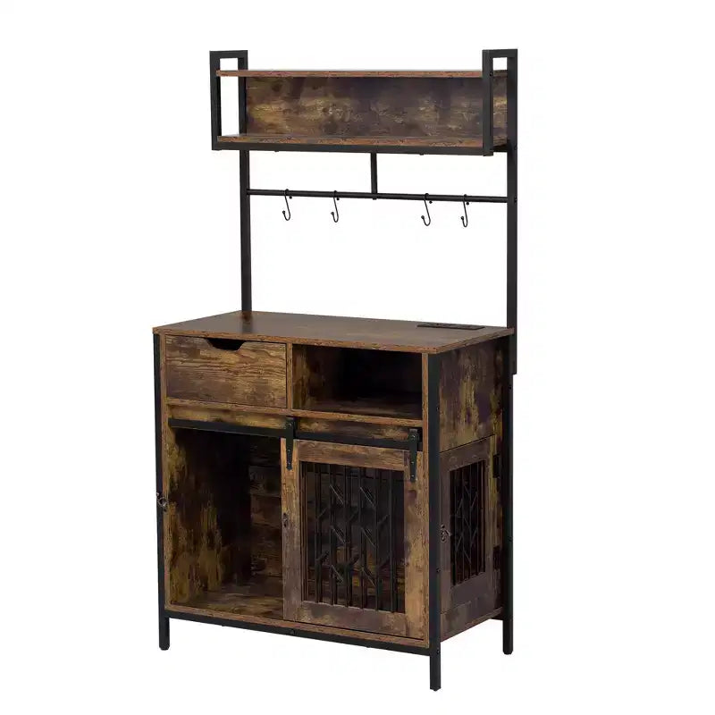 Meuble de rangement de cuisine 2 en 1 avec niche pour chien, marron rustique