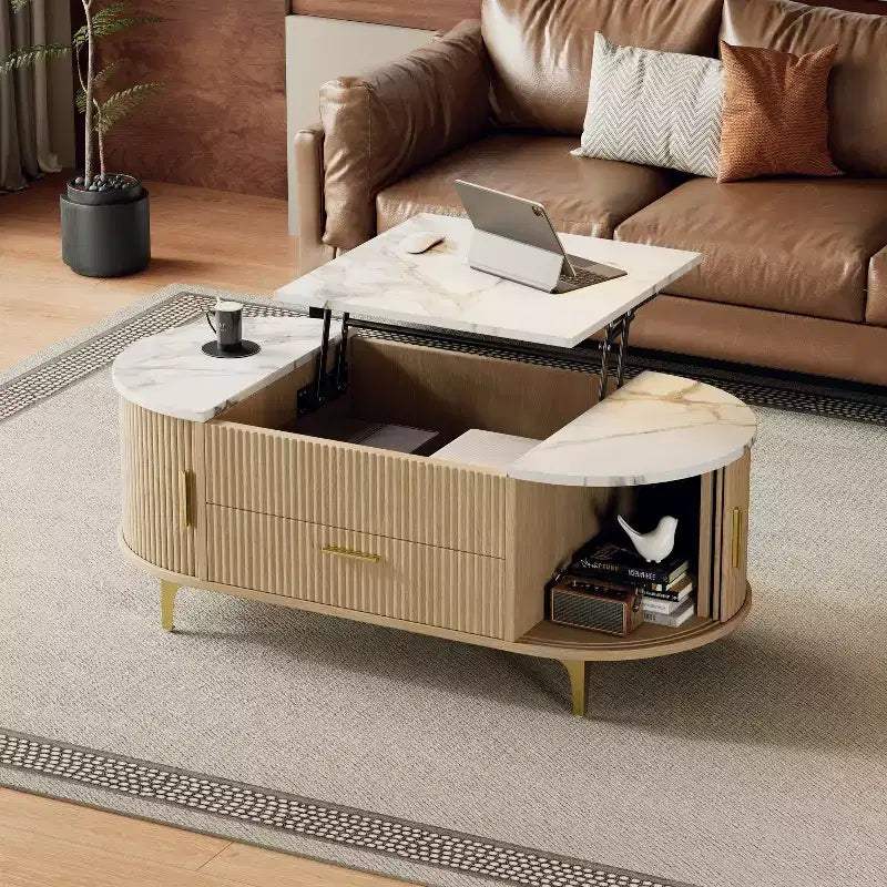 Table basse relevable avec rangement dissimulé et étagères coulissantes
