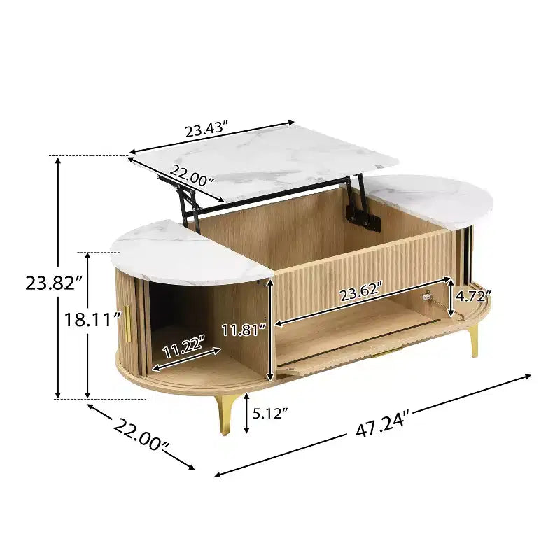 Table basse relevable avec rangement dissimulé et étagères coulissantes