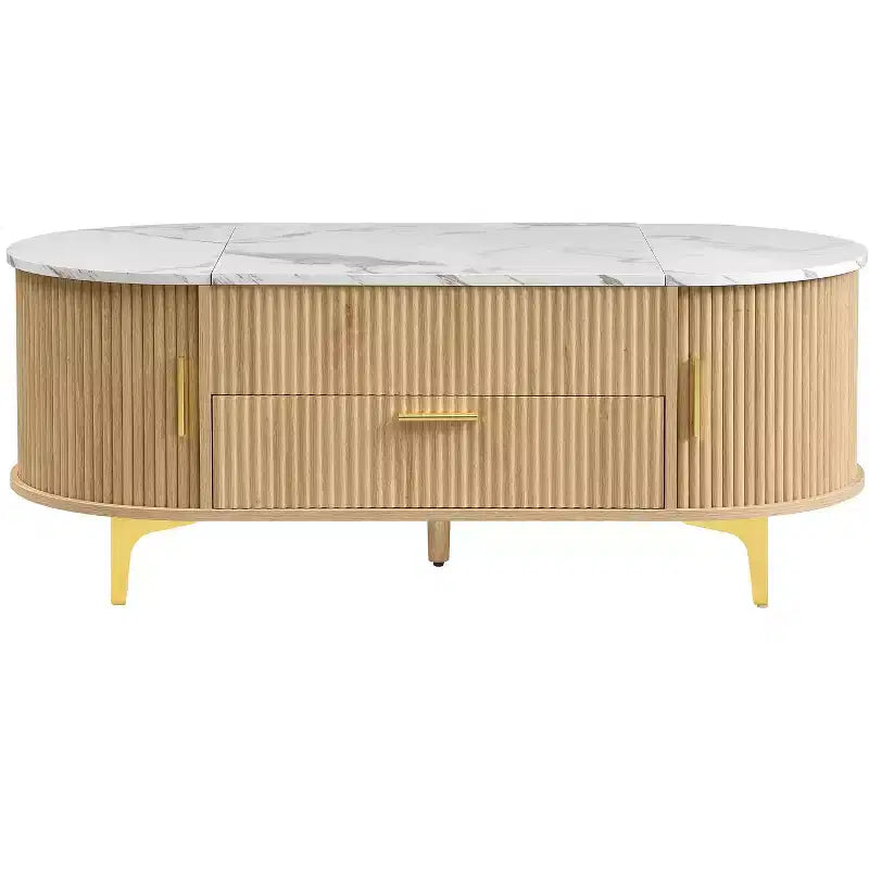 Table basse relevable avec rangement dissimulé et étagères coulissantes