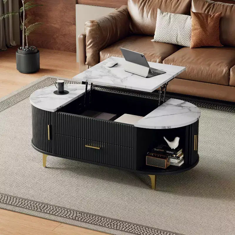 Table basse relevable avec rangement dissimulé et étagères coulissantes