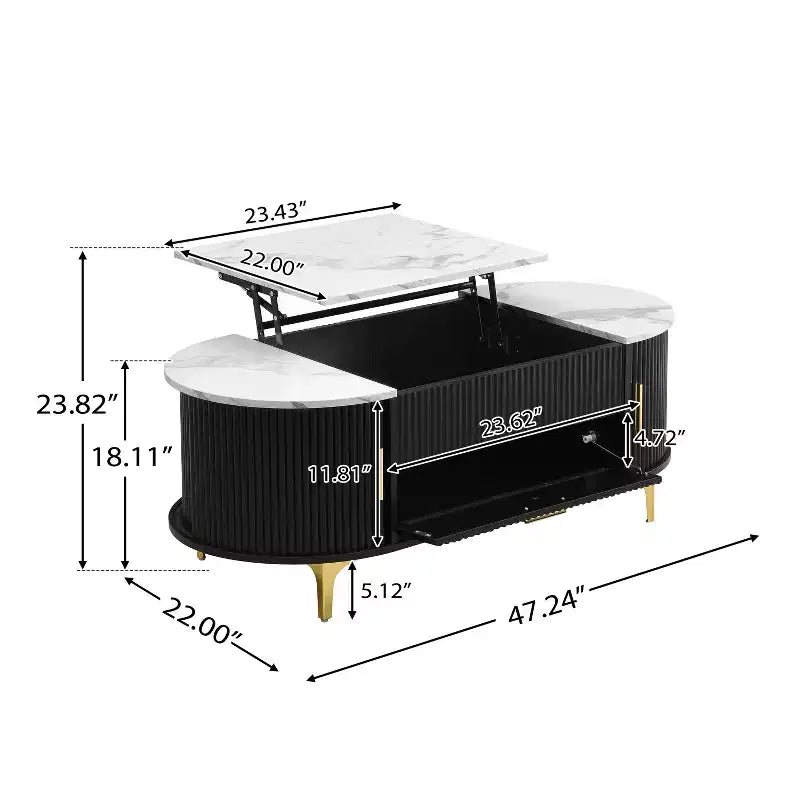 Table basse relevable avec rangement dissimulé et étagères coulissantes