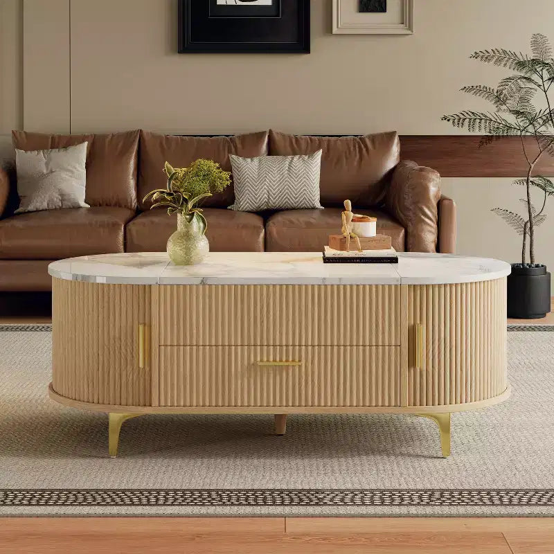 Table basse relevable avec rangement dissimulé et étagères coulissantes