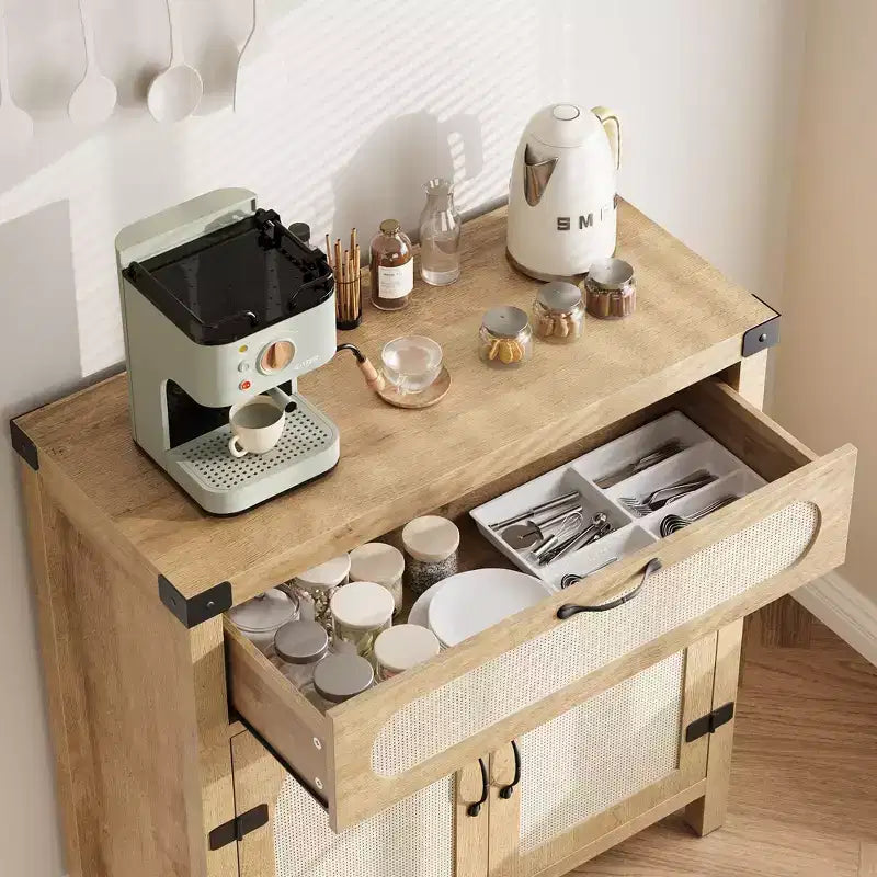 Bahut de buffet en rotin avec tiroir, style bohème campagnard, naturel