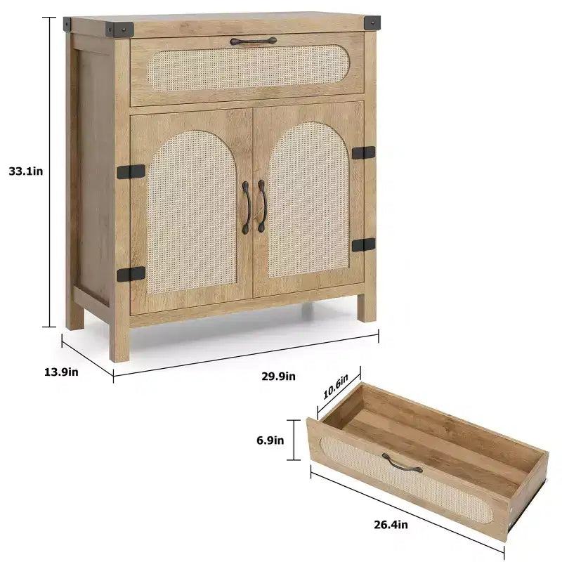 Bahut de buffet en rotin avec tiroir, style bohème campagnard, naturel
