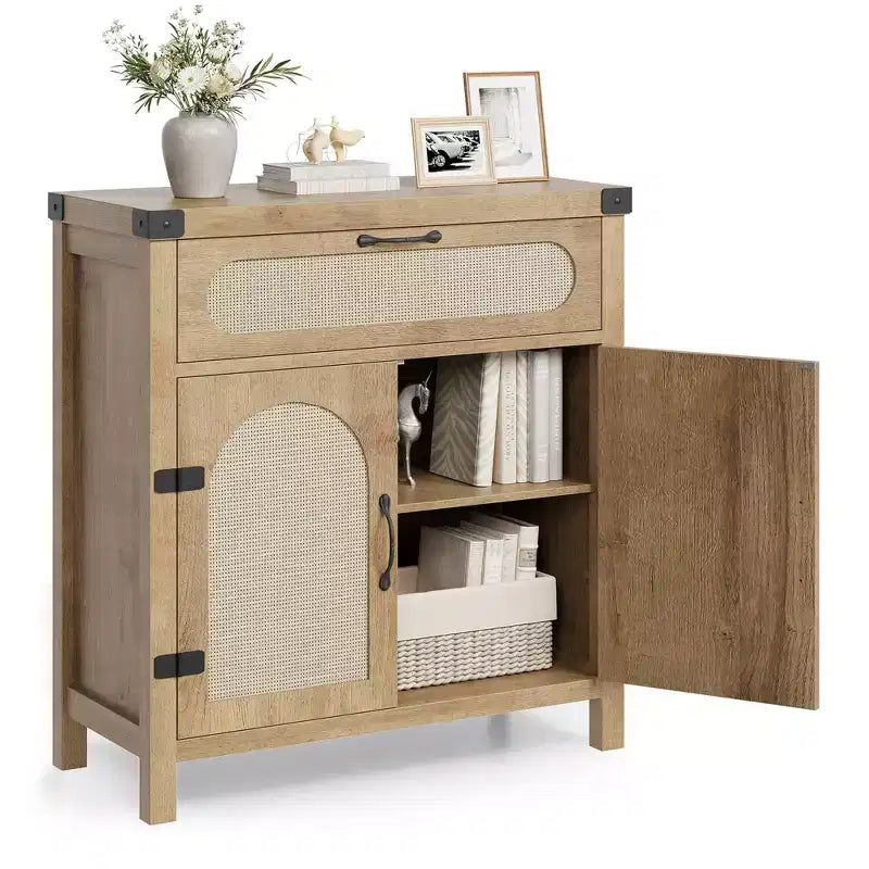 Bahut de buffet en rotin avec tiroir, style bohème campagnard, naturel
