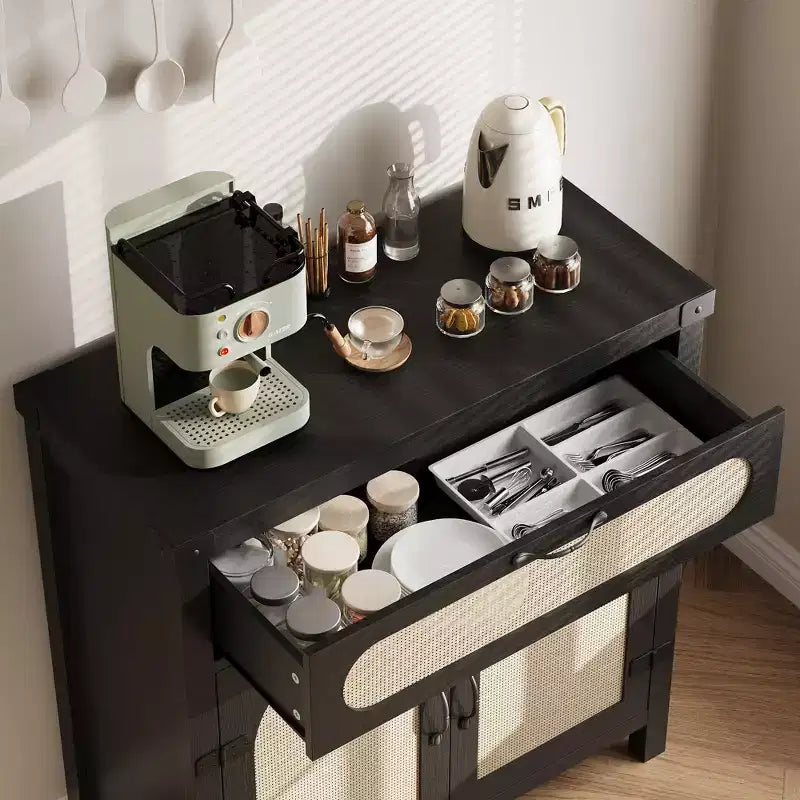 Bahut de buffet en rotin avec tiroir, style bohème campagnard, naturel