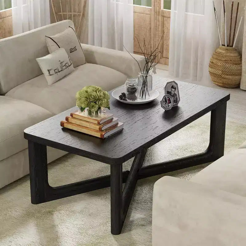 Table basse rectangulaire en bois massif de style campagnard, noire, pieds croisés