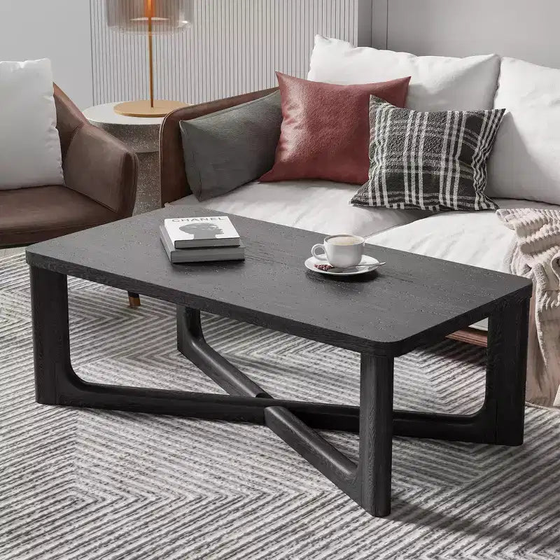 Table basse rectangulaire en bois massif de style campagnard, noire, pieds croisés