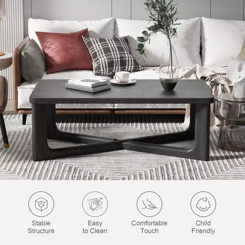 Table basse rectangulaire en bois massif de style campagnard, noire, pieds croisés