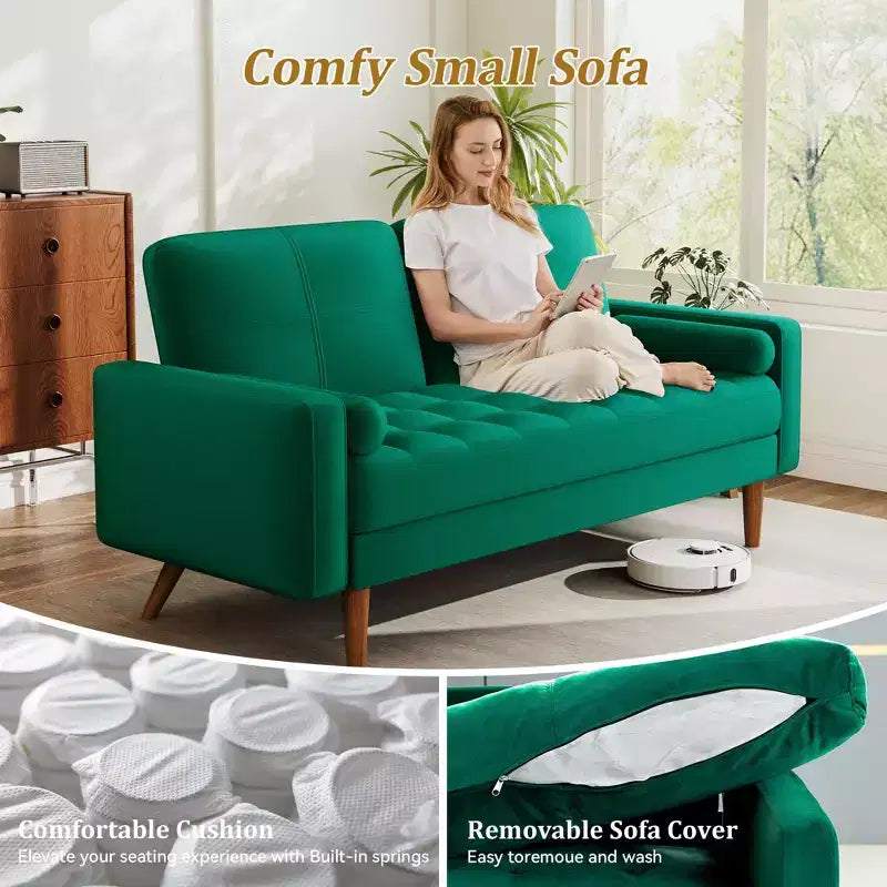 Canapé deux places en velours style Mid-Century Modern, Beige, Pieds en bois massif
