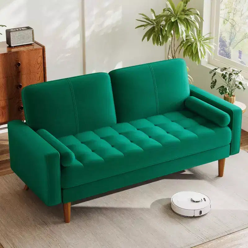 Canapé deux places en velours style Mid-Century Modern, Beige, Pieds en bois massif