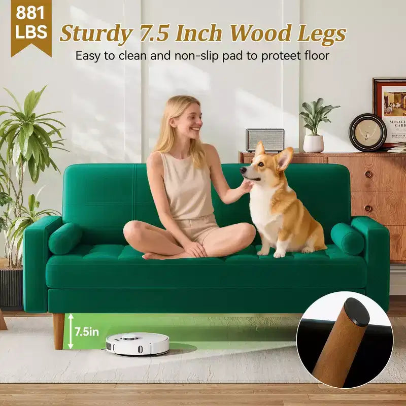Canapé deux places en velours style Mid-Century Modern, Beige, Pieds en bois massif