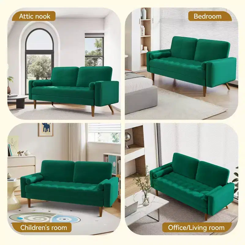 Canapé deux places en velours style Mid-Century Modern, Beige, Pieds en bois massif