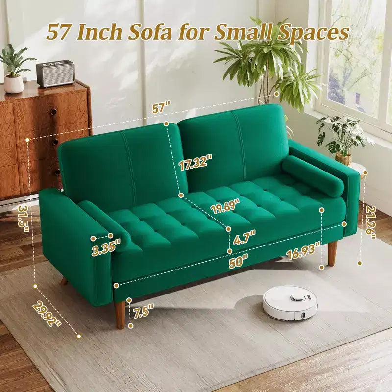 Canapé deux places en velours style Mid-Century Modern, Beige, Pieds en bois massif