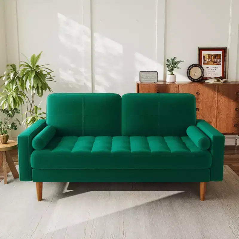 Canapé deux places en velours style Mid-Century Modern, Beige, Pieds en bois massif