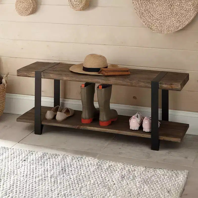 Banc d'entrée en bois massif avec étagère de rangement, naturel rustique