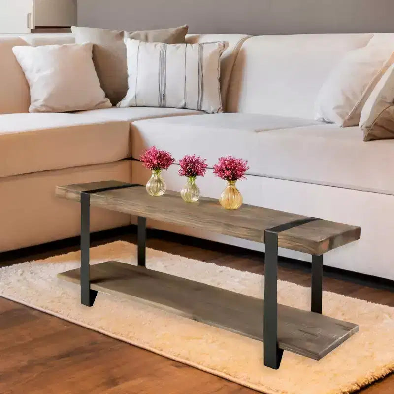 Banc d'entrée en bois massif avec étagère de rangement, naturel rustique